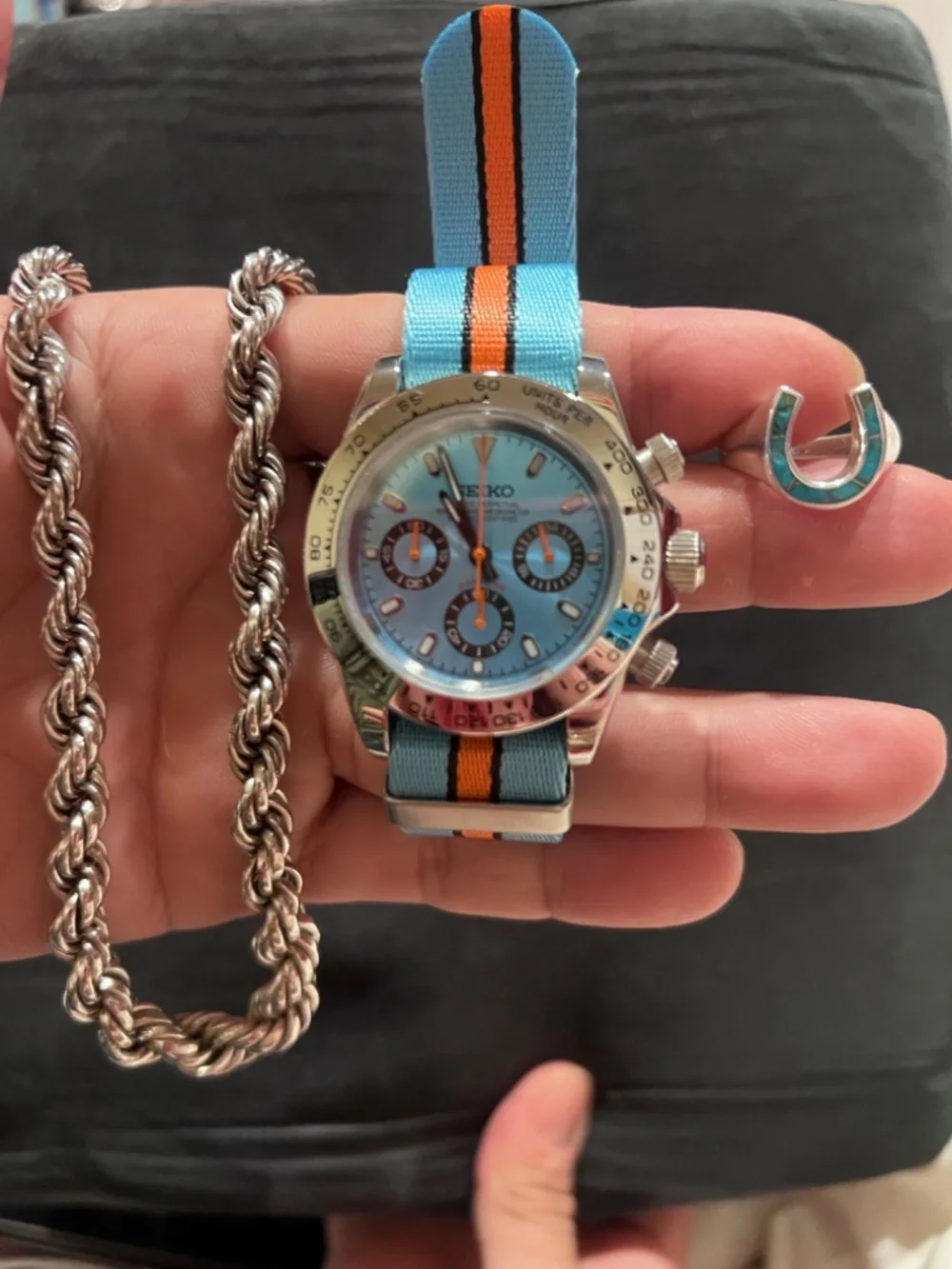Seiko Watch Mod Daytona 925 Silver Rope Necklace Chain 925 Turquoise Stone Ring